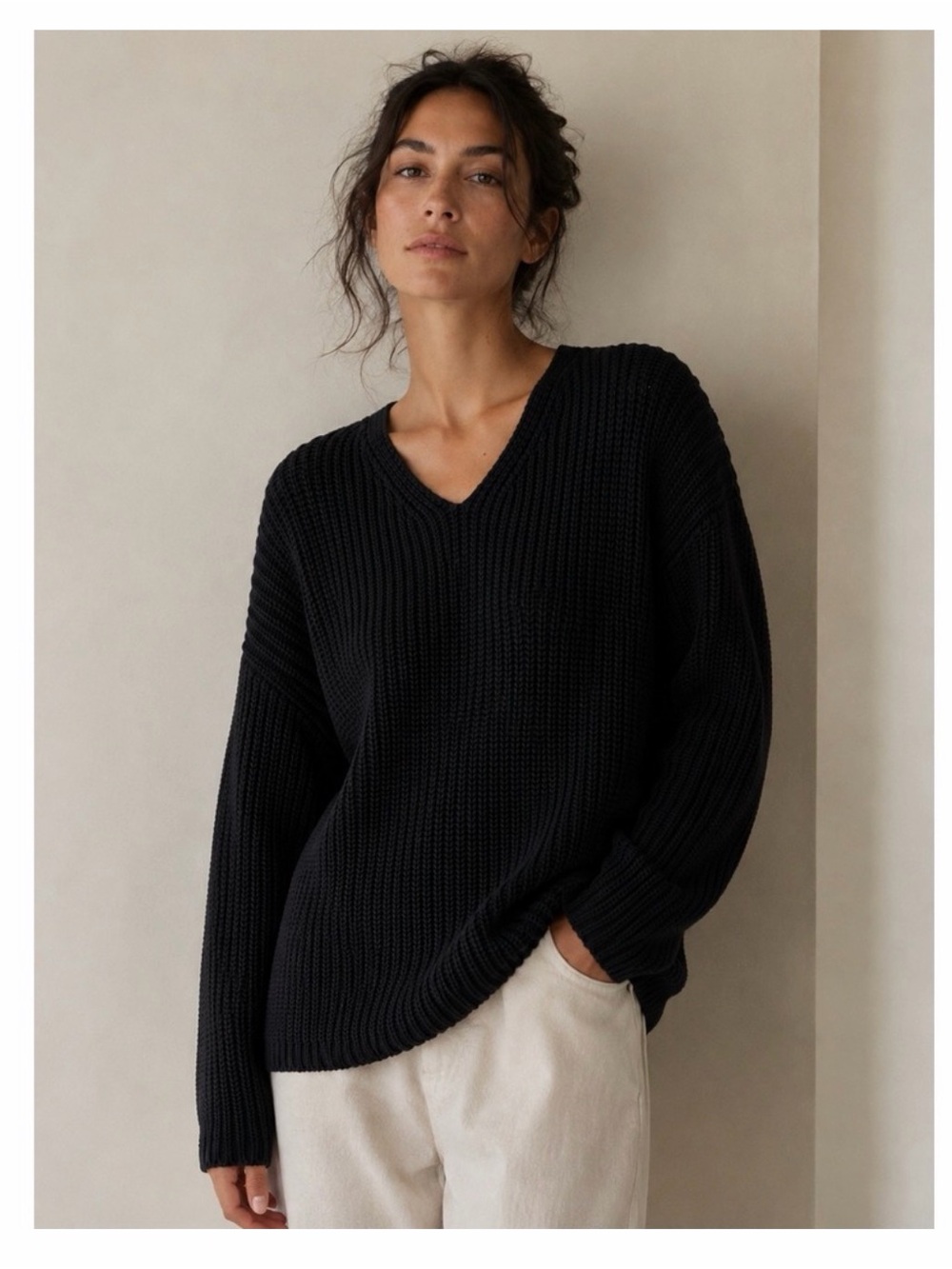 Jenni Kayne Cabin V Neck Knit Cotton Oversized Pullover Sweater Size XL Black